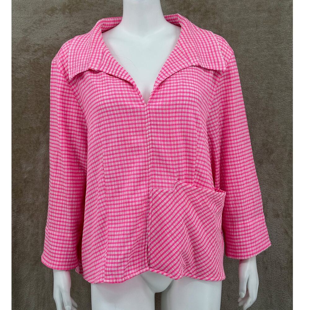 Cali Girls Top Womens Large Pink Gingham‎ Stretch Artsy Picnic Summer Lagenlook